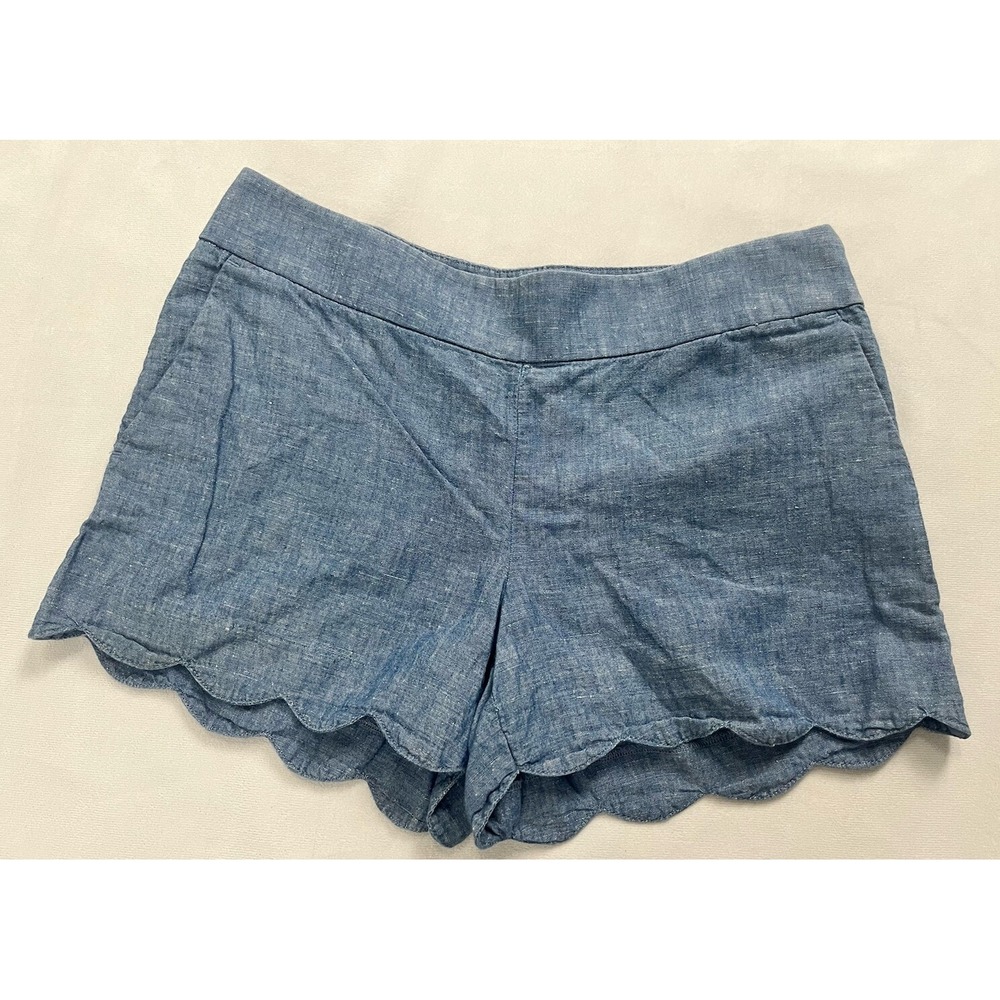 Ann Loft Riviera Short Sz 2 Flat Front Shorts Linen Blend Blue Scalloped